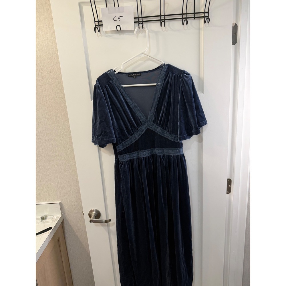 Zilcremo Womens Navy Blue Velvet Lace Trim V-Neck Maxi Dress Short Sleeve Large